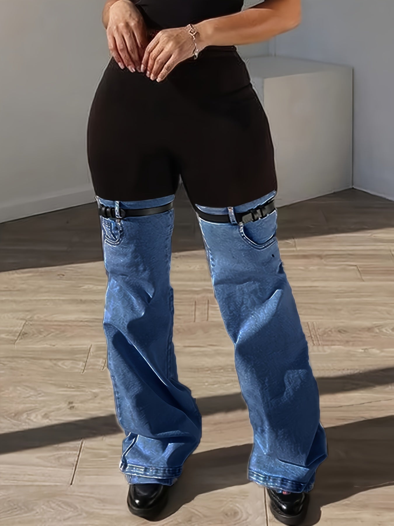 Women'S High Waist Two Tone Patchwork Flare Pants, Black Slim Fit Leggings with Light Wash Denim Bell Bottom Legs And Adjustable Buckle Strap Design for Y2K Streetwear, Perfect for Retro Streetwear Looks
