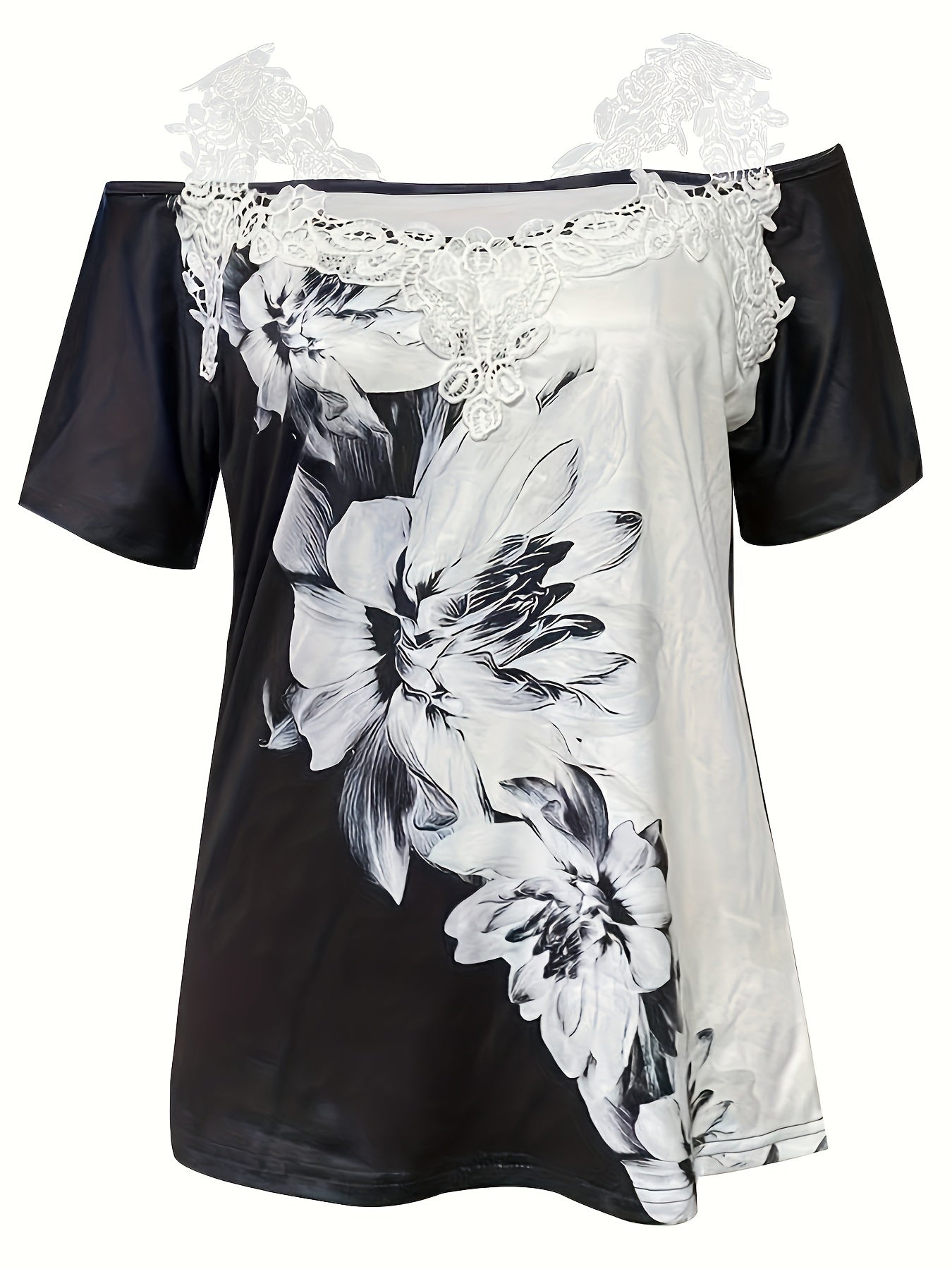 Spring And Summer New Flower Print V-neck T-shirt Lace Lace Casual Off-shoulder Short-sleeved Top