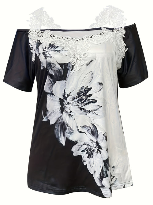 Spring And Summer New Flower Print V-neck T-shirt Lace Lace Casual Off-shoulder Short-sleeved Top