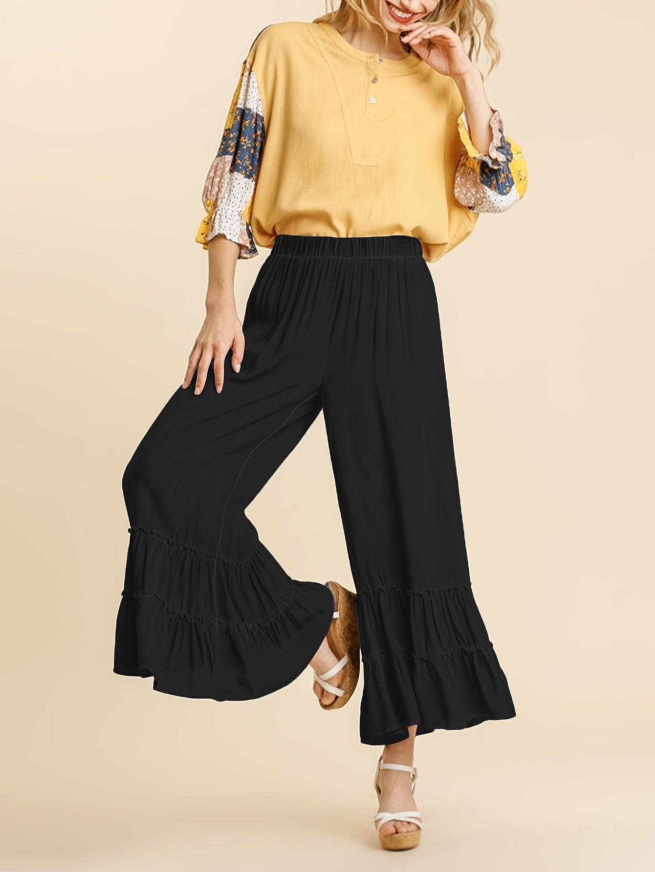 Women's Palazzo Pants For Elastic High Waisted Wide Leg Ruffle Ruched Loose Beach Trousers