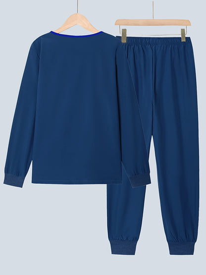 2pcs Women's V-Neck Matte Suit with Long Sleeve Stretch S Uniform Work Clothes Washable Pockets Breathable Elastic Top And Waist Cord Pocket Pants Set