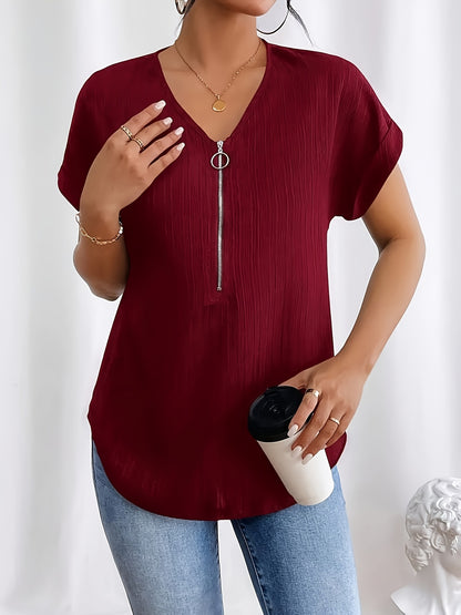 Wine Red Women's Casual V-Neck T-Shirt with Front Zipper Detail, Short Batwing Sleeves, 100% Polyester - Perfect for Spring, Summer & Fall