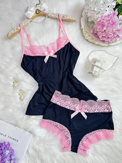 Contrast Color Lace Splicing V-Neck Bow Splicing Soft And Comfortable Skin-Friendly Casual Home Pajamas Set
