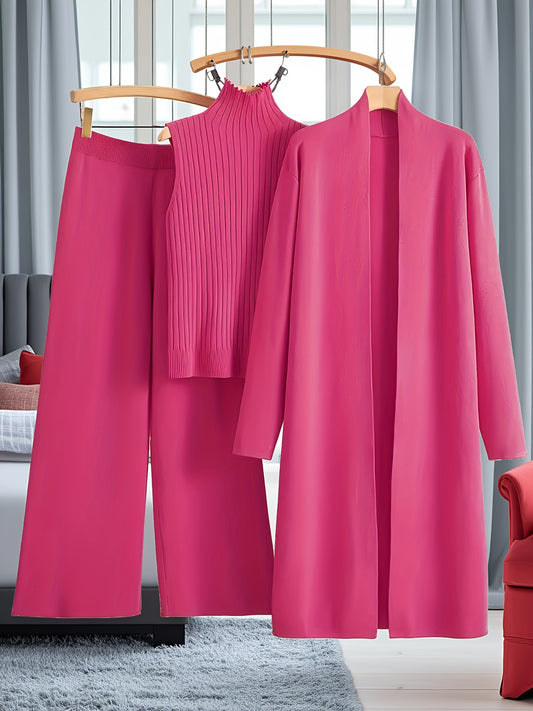 New Autumn And Winter Women'S Loose Set, Including Long Wide-Leg Pants, a Shawl Cardigan, And a High-Neck Vest Sweater, a Fashionable Three-Piece Set