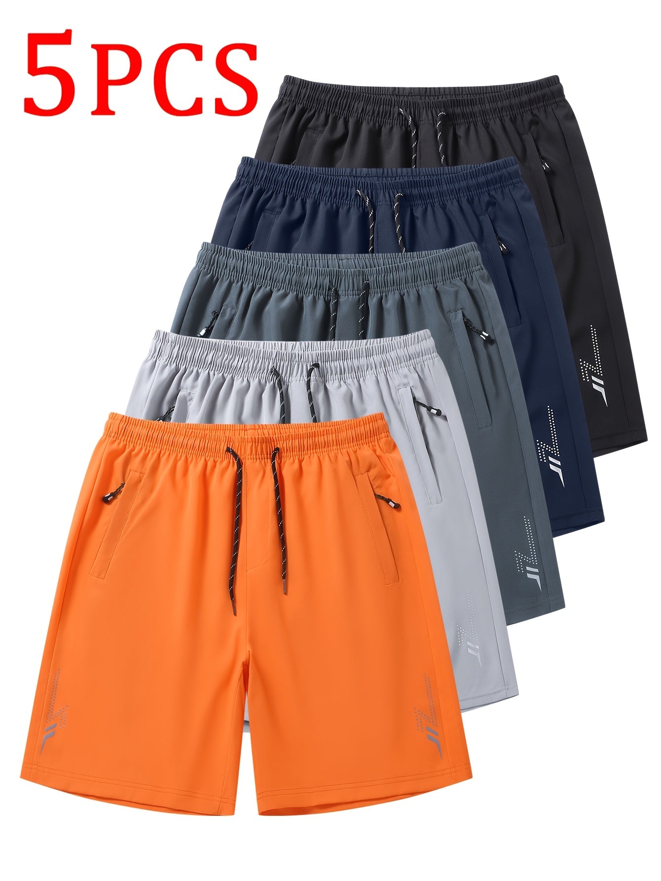 5pcs Men's Casual Sports Shorts with Hidden Zipper Pockets, Contrast Zipper, Summer Breathable Quick-Dry Fabric, for Daily Wear, Running, Basketball, Knee-Length Pants for Men, Quick-Dry Fitness Shorts for Men, Striped Waistband with Drawstring