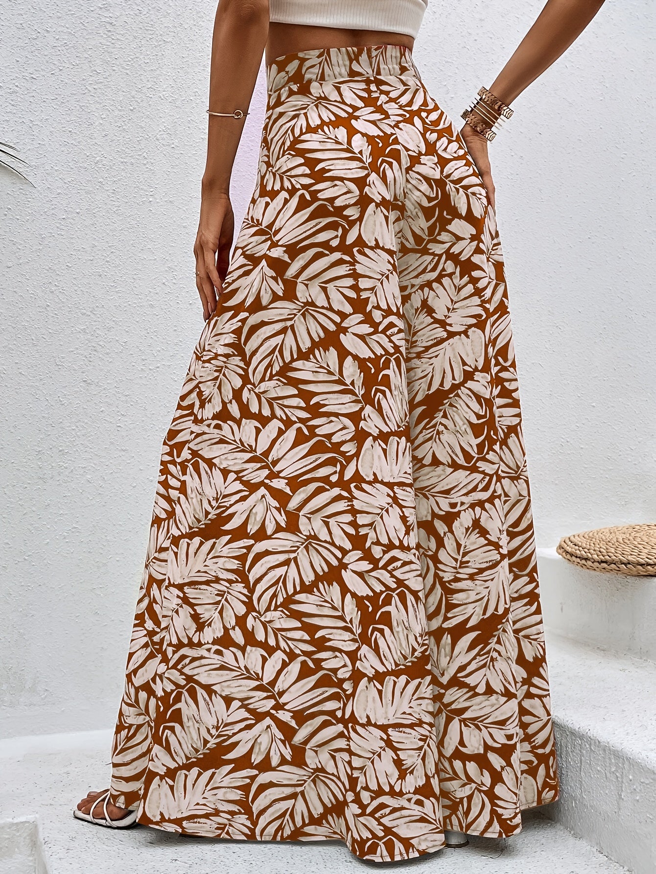 Women's High Waist Leaf Print Wide Leg Palazzo Pants - Super Long Flowy Bohemian Style, Machine Washable Non-Stretch Fabric for Spring & Autumn Casual Wear, Autumn Apparel, Lightweight Design