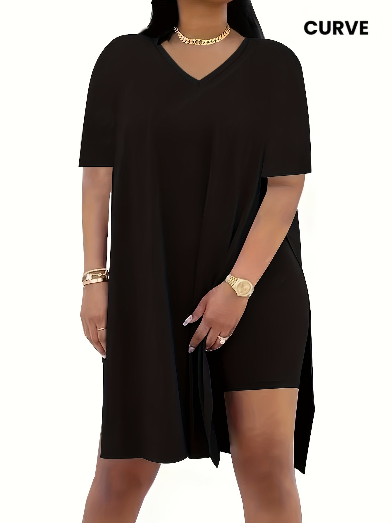 Two-Piece Outfit for Plus-Size Women Featuring a Casual V-Neck Short-Sleeve Top with Side Slits And Drawstring Leggings, Made from Comfortable, Ideal for Everyday Wear