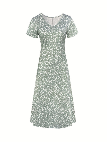 Spring, Summer, Autumn Small Floral Holiday V-neck Women's Thin Elegant Long Dress