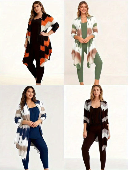 Women's 3pcs Suit, Printed Cardigan Jacket Paired with Solid Color Pants and Vest, Everyday Outfit(random 1 Set)