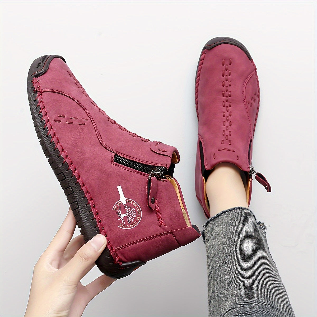 Ladies Plus Size Classic Boots Outdoor Casual Shoes with Zipper Decoration Handmade British Style Flat-bottomed Booties., Women Shoes