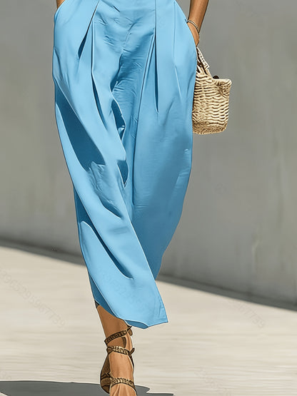 [High-Neck Long Dress] A White Blended Fabric High-Neck Long Dress With An Open Sleeve And A Pleated Waistband Pocket Design, Suitable For Both Professional And Casual Wear
