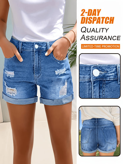 Women'S Fashion Casual Multifunctional Loose Denim Shorts, Versatile Denim Hot Pants, Casual Street Jeans, Trendy Ripped Denim Shorts with Ripped Cuff Detail Design, Essential for Daily Commute, Parties, And Electronic Music Festivals, Gift