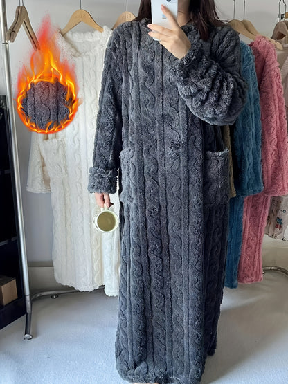 Ladies' Thick Coral Velvet Sleeper Robe - Super Soft Long with Pocket, Winter Home Sleeper, Machine Washable SPA Casual Clothing, Comfortable and Warm Home Outfit, Round Neck Warm Sleeper, Durable and Comfortable Material