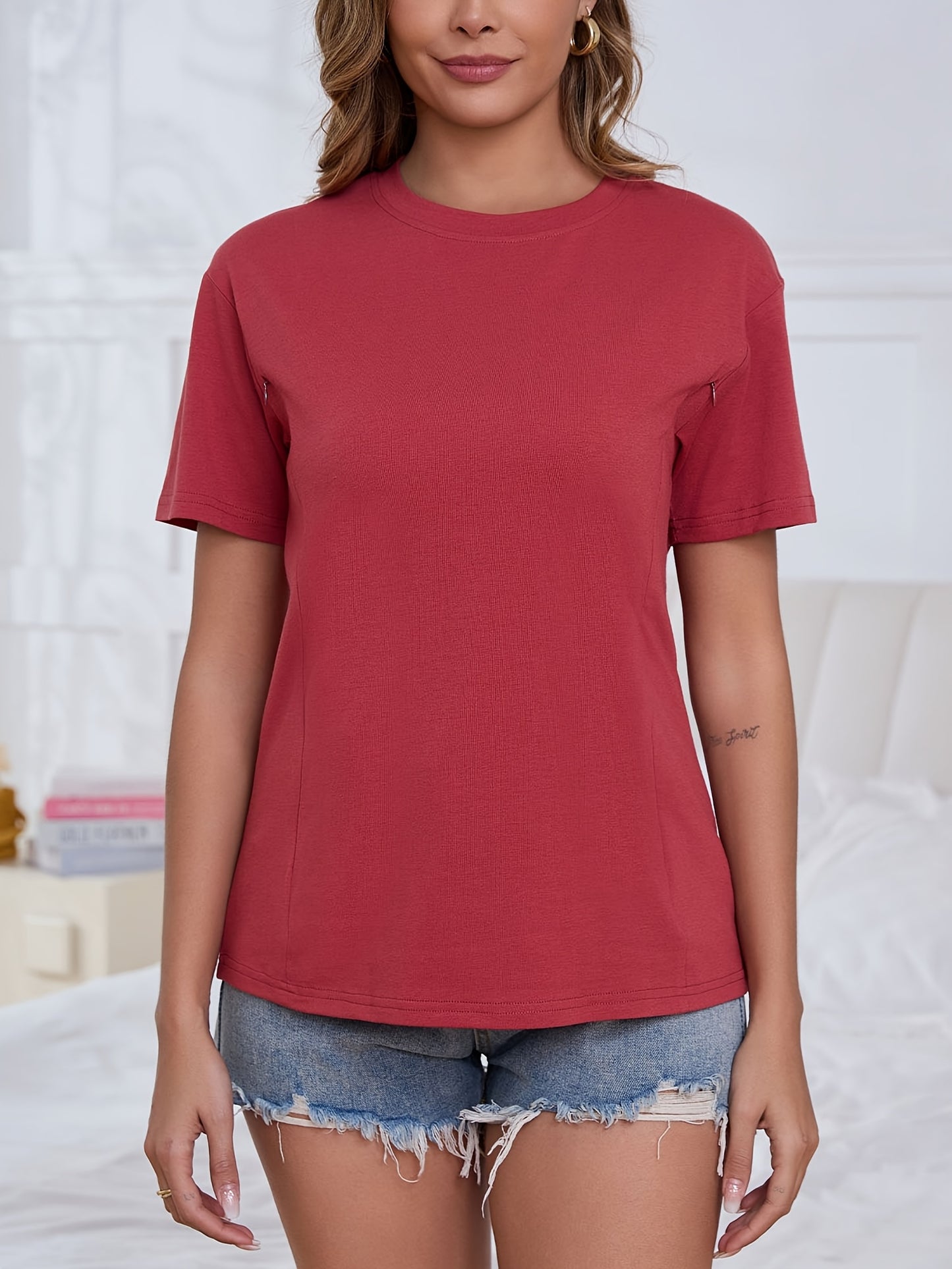 Women'S Short Sleeve Nursing Shirts for Breastfeeding Hidden Zippers Maternity Nursing Tops