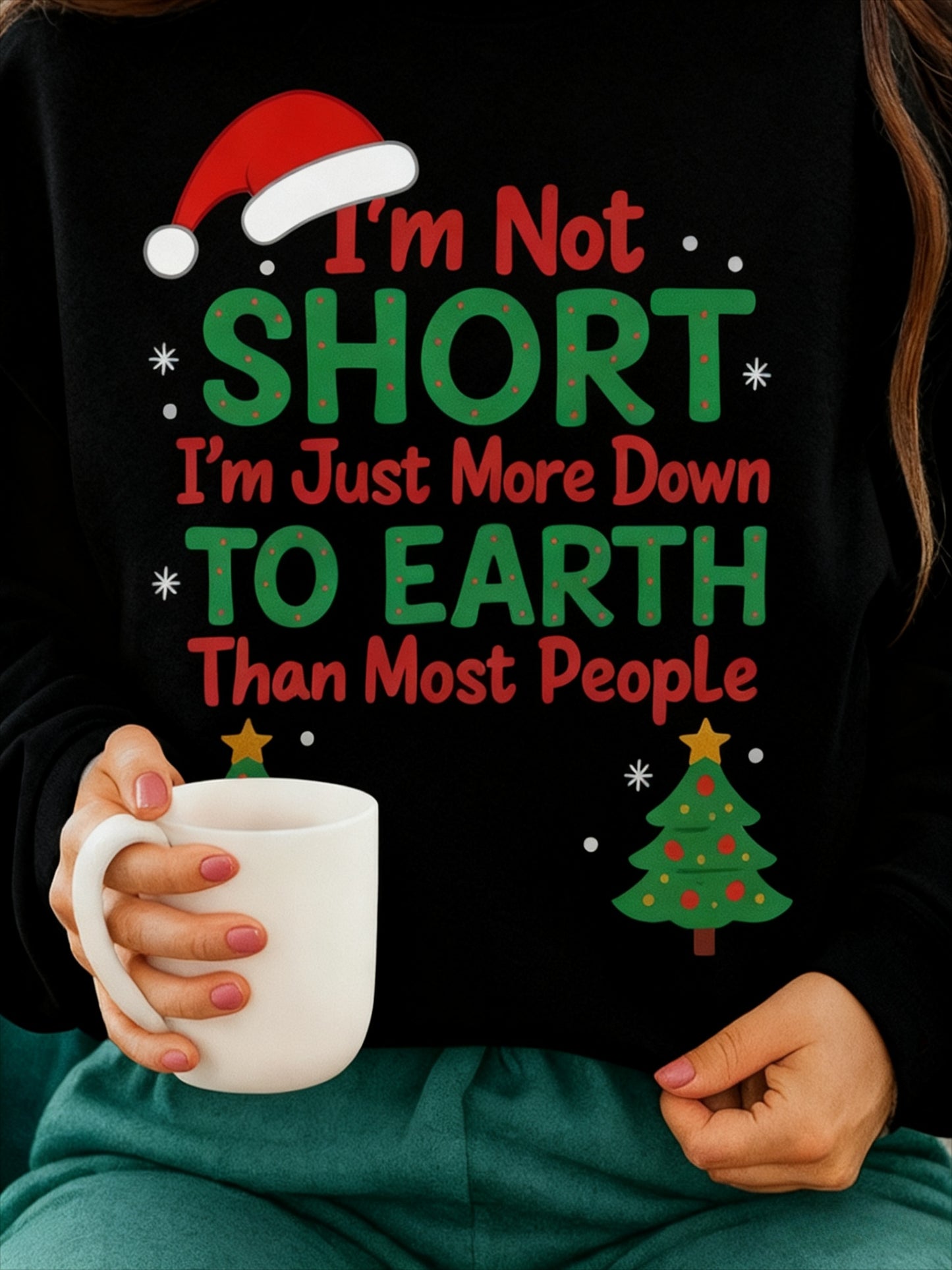 1 Women's Funny Quote Sweater, "I'm Not Short, I'm Just Closer to the Ground Than Most People" Crew Neck Pullover - Gray Casual Winter Sweater for Casual Attire - Machine Washable Fall/Winter Top, Cute Sweater, Humorous Casual Wear, Loose Fit Sweater