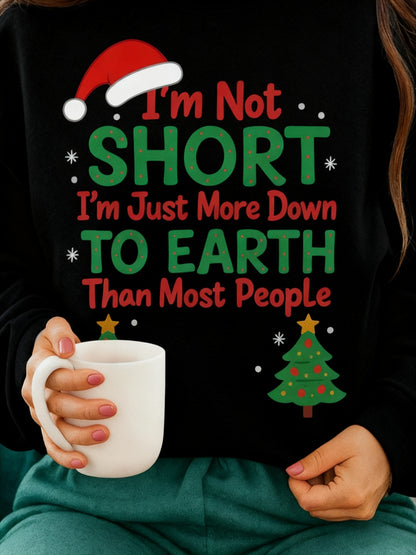 1 Women's Funny Quote Sweater, "I'm Not Short, I'm Just Closer to the Ground Than Most People" Crew Neck Pullover - Gray Casual Winter Sweater for Casual Attire - Machine Washable Fall/Winter Top, Cute Sweater, Humorous Casual Wear, Loose Fit Sweater