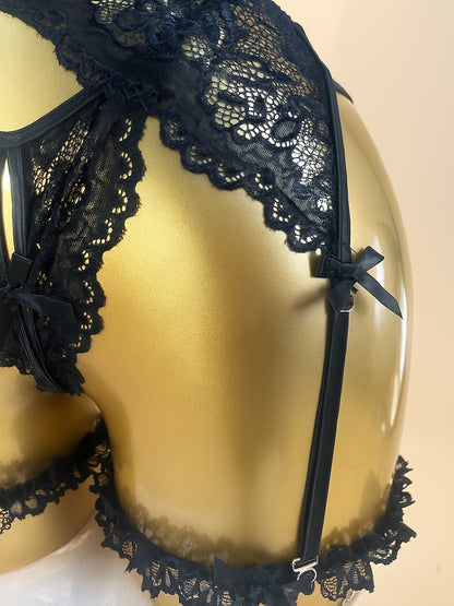 2pcs Women'S Sexy Semi-Sheer Hollow Floral Lace Mesh Lingerie Set, V-Neck Open Back, Lace-up Bra With Bow & Thong, Waistband, Garter Belt - Romantic Shapewear, Halloween Gifts