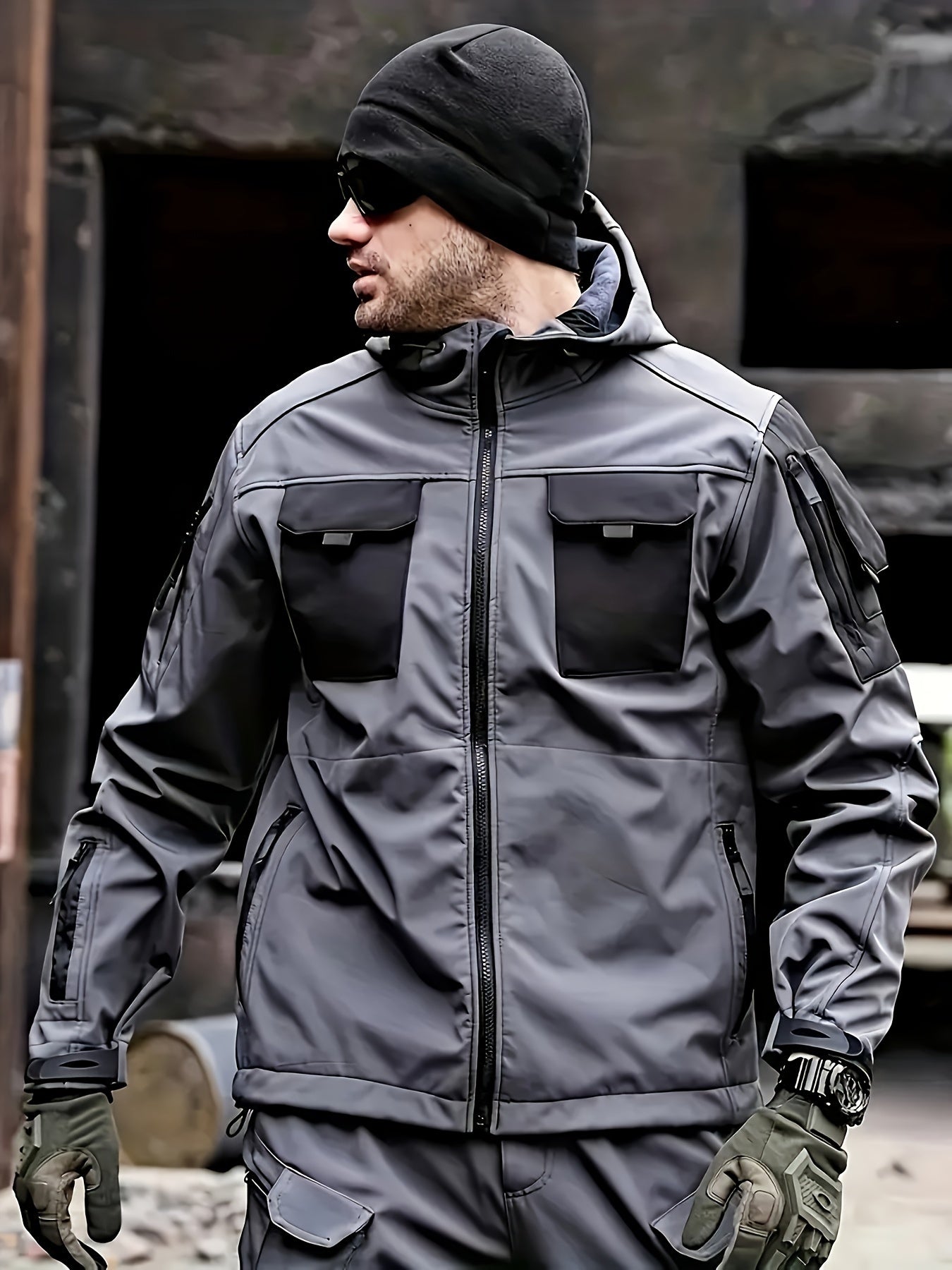 Men's Tactical Jacket Outdoor Zippered Shell Jacket, Windproof, Scratch Resistant, Warm Hooded Jacket, Suitable for Outdoor Activities, Ripstop Technology, Multiple Utility Pockets - Non-Stretch Outdoor Gear for Camping, Survival, Tactical Training.