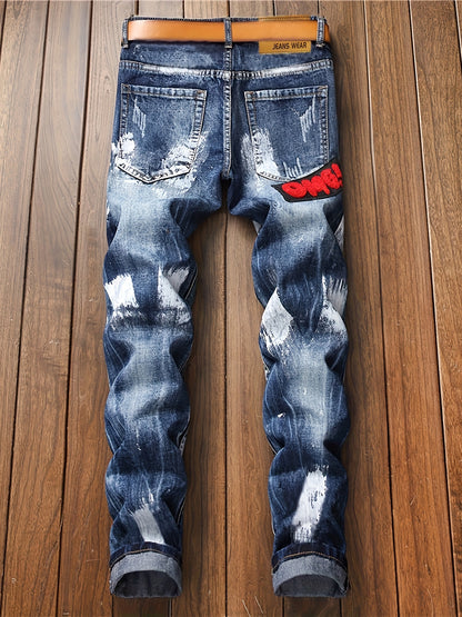 Punk Trend Blue Cat Whisker Slimming Fashion Flag Badge Paint Embroidery Small Straight Men'S Jeans