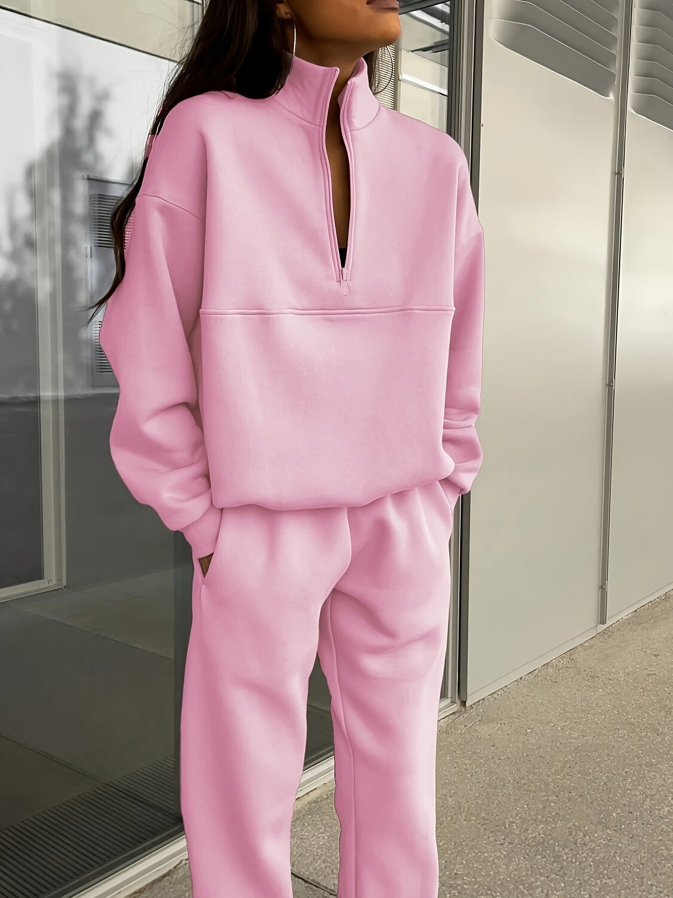 Two-piece Autumn and Winter New Fashion Zip-up Lapel Solid Color Casual Suit, SCACTO