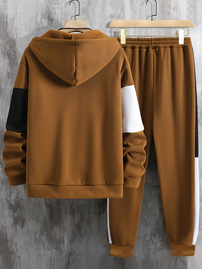 Men'S Clothing, Contrasting Long-Sleeve Zip-Up Hooded Jacket And Drawstring Pants Two-Piece Set for The Outdoors