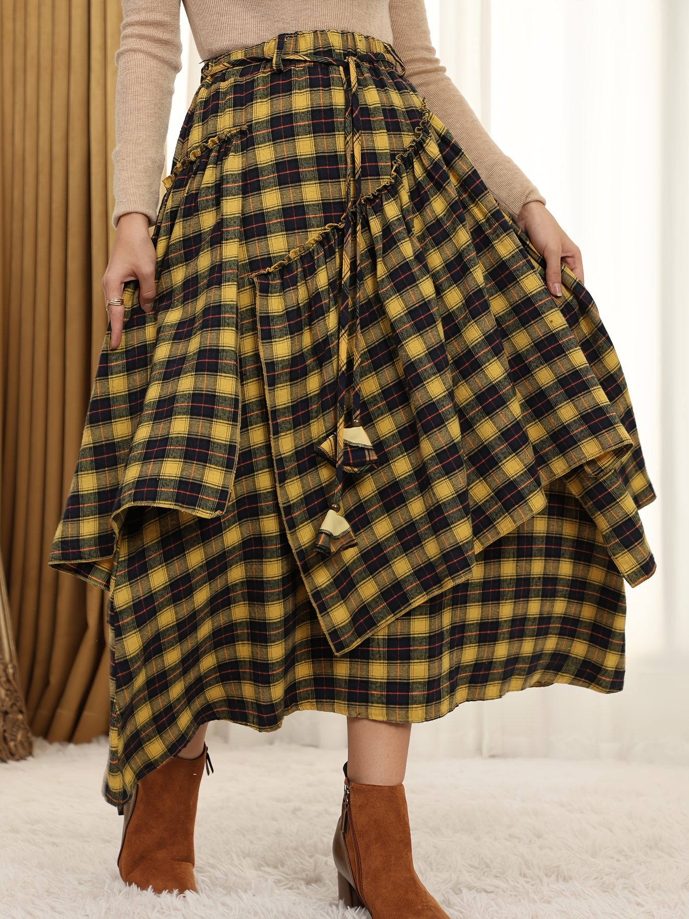 Victorian Gothic Handmade Fringe Plaid Skirt 2025 | Asymmetric Ruffle High-Waist Beach Skirt | Elastic Waist Multi-Layer Vacation Dress | Spring Summer Sweet Style Ladies Gift