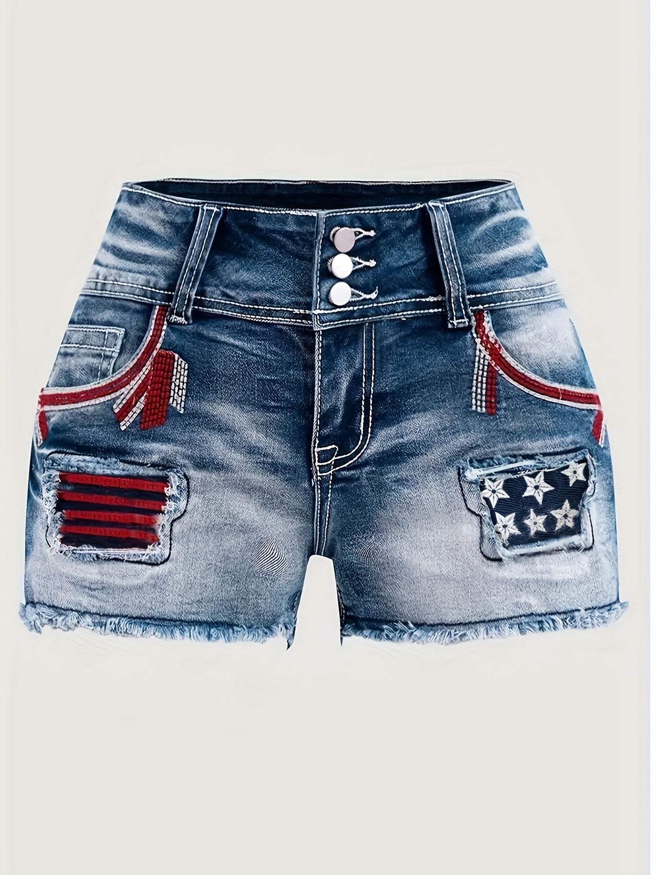 Women's High-Elasticity Embroidered Distressed Denim Shorts - Casual Stretch Fit with Raw Hem, Star Pattern & Patchwork Details, Machine Washable Spring/Summer Shorts, Summer Casualwear, Highelasticity Fabric, Embroidered Details
