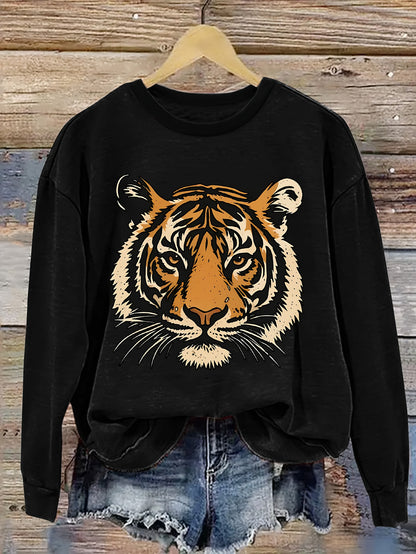 Women's Black Tiger Face Graphic Sweatshirt - Crew Neck Casual Pullover with Orange & Brown Tiger Print, Cozy Winter Warmth, Medium Stretch Fabric, Machine Washable Sweater for Fall and Winter Outfits