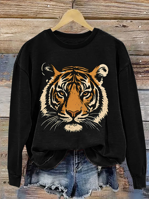 Women's Black Tiger Face Graphic Sweatshirt - Crew Neck Casual Pullover with Orange & Brown Tiger Print, Cozy Winter Warmth, Medium Stretch Fabric, Machine Washable Sweater for Fall and Winter Outfits