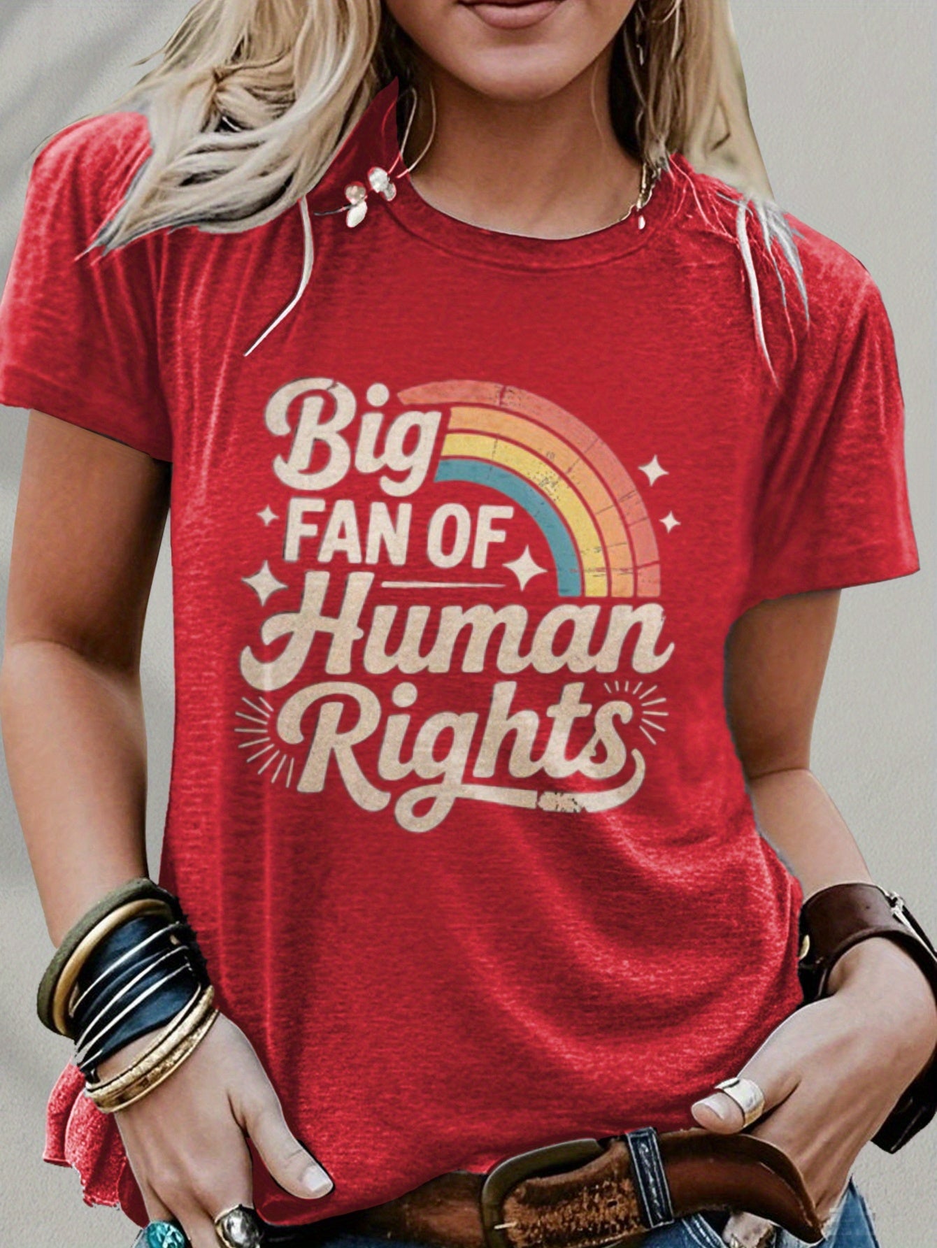 Women'S Short Sleeve T-Shirt, Christmas Women'S Clothing, Thanksgiving, Christmas Gift- Blend Human Rights Fan T-Shirt with Rainbow Pride Design Retro Font Statement T-Shirt, Suitable for Unisex Street Fashion Trend Graphic Top