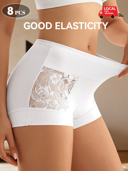 8pcs Women's High-waisted Lace Patchwork Straight-leg Pants. The Wide High-waist Design Naturally Tucks in the Abdomen. The Waist Side Is Stitched with Soft Lace, Exuding an Elegant Look. Ideal for a Date Outfit.