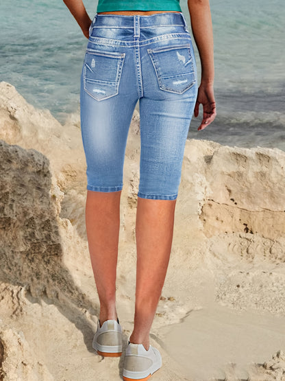 Plus Size Blue High Waisted Stretchy 7/8 Denim Capris for Women, Cuffed Hem Distressed Jeans with Front Slant & Back Pockets, Minimalist Street Style Versatile Pants for Spring Summer Daily Outings