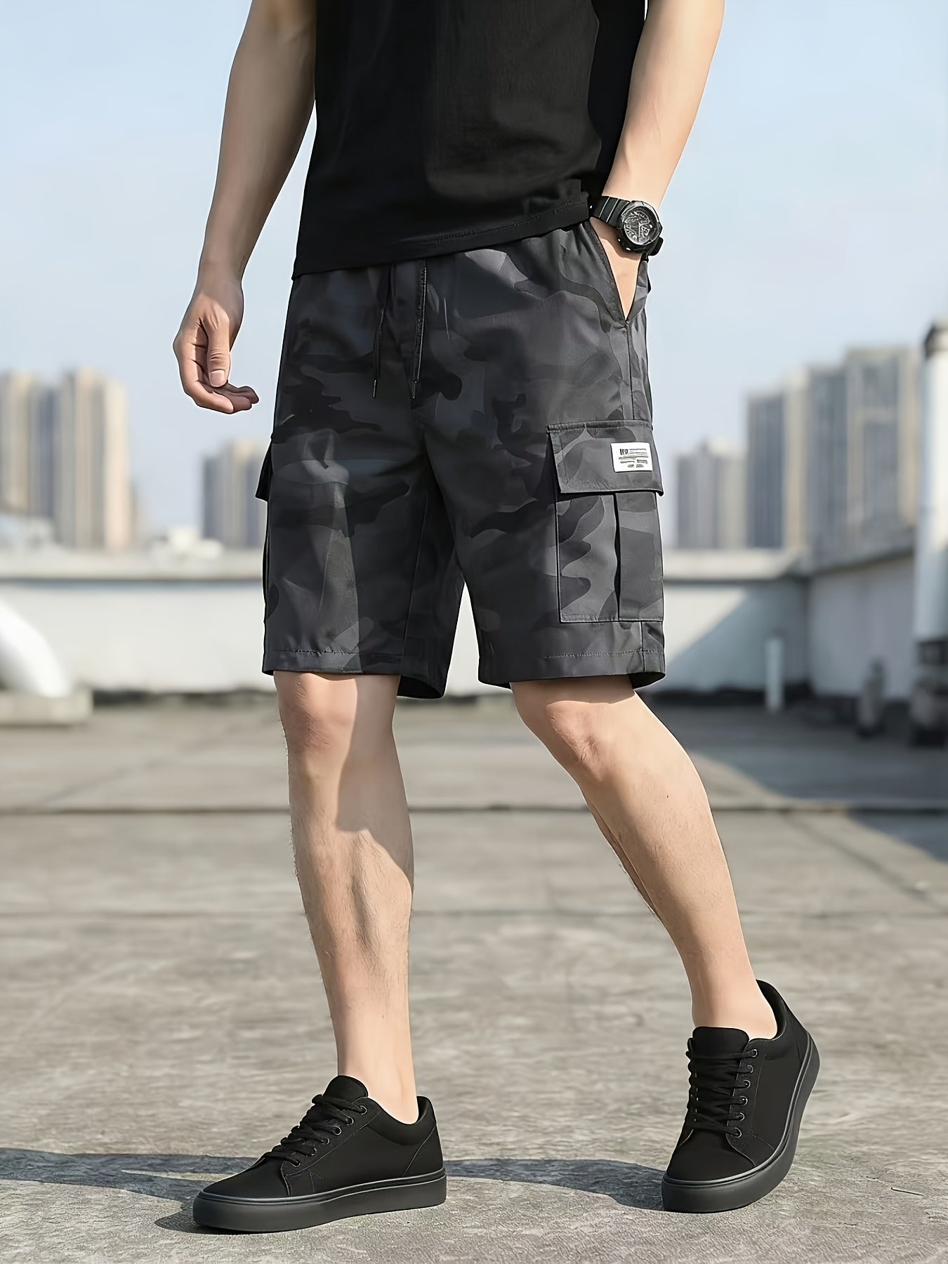 3-Pc Men'S Cargo Shorts, Solid Color Camouflage Series, Casual Athletic Shorts - (Includes Wristband)Multi-Pocket Ripstop, Adjustable Waist (Black, Gray, Khaki) - Outdoor & Travel