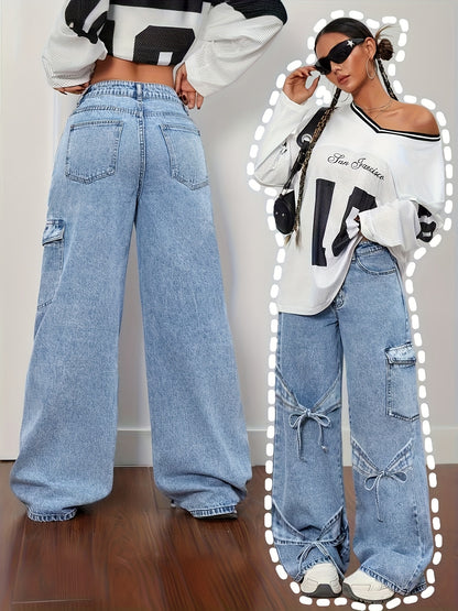 Women'S Plus Size Denim Clothing Curved Bow Side Pocket Straight Trousers