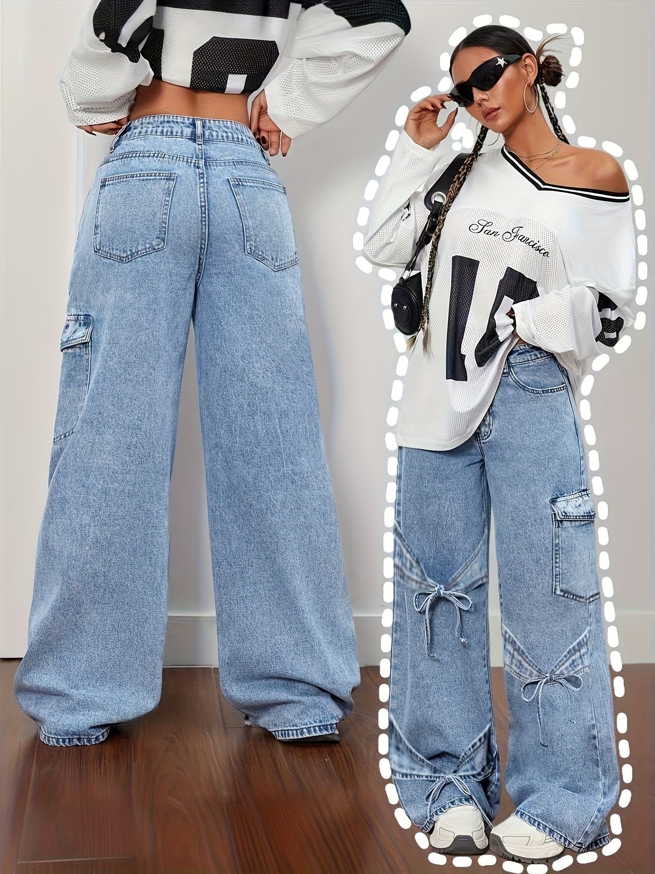 Women'S Plus Size Denim Clothing Curved Bow Side Pocket Straight Trousers