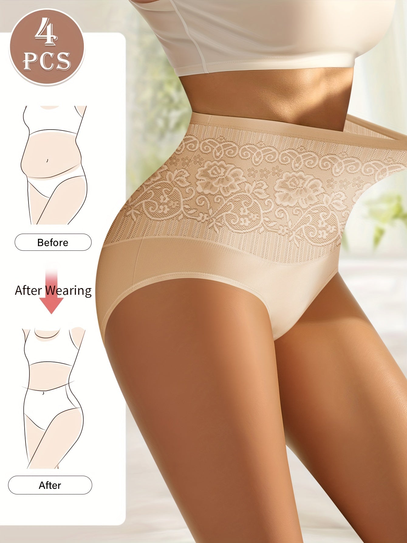 4pcs Luxury Jacquard High Waist Panties - Seamless Tummy Control & Butt Lifting Intimates Panties - Soft Sculpting Briefs For Womens Lingerie Collection