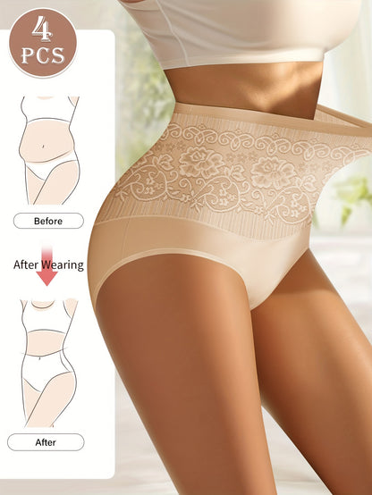 4pcs Luxury Jacquard High Waist Panties - Seamless Tummy Control & Butt Lifting Intimates Panties - Soft Sculpting Briefs For Womens Lingerie Collection
