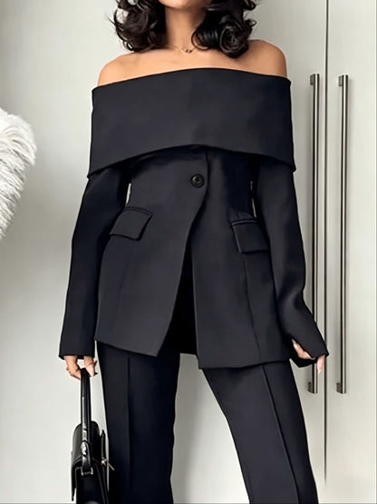 Fashionable Women'S Tops, Long-sleeved Solid-color Front-slit Spliced Sexy Off-the-shoulder Blazer, Sizes S - XXL