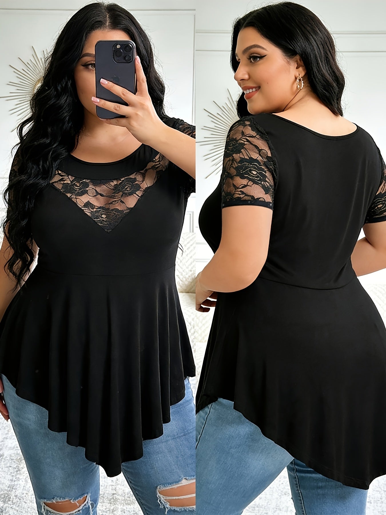 Plus Size - Plus Size - Plus Size Mesh Panel Tunic Shirt, Round Neck Floral Lace Yoke And Sleeves with Loose Fit Asymmetric Hem, Short Sleeve Stylish Black Top for Office Or Going Out, Flowy High-Low Hemline Lace Overlay Tunic Top