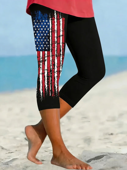Capri Leggings for Women Featuring a Stretchable American Flag Design, Women'S Printed Capri Tights