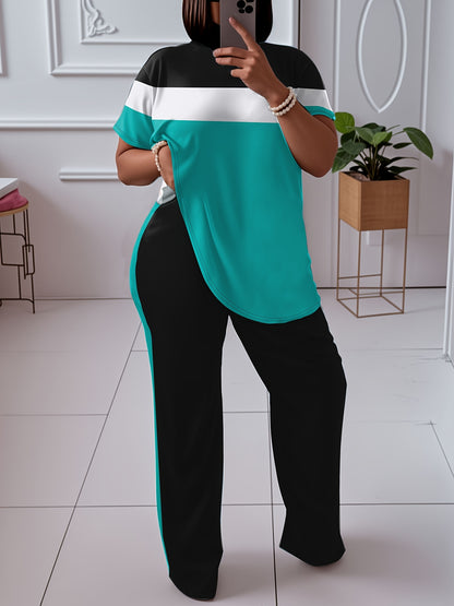 Women'S Plus Size Casual Color Block 2pcs Set - Elegant Crew Neck Short Sleeve Top & Straight Leg Pants, 95% Polyester 5% Elastane, Medium Stretch Knit Fabric, Machine Washable