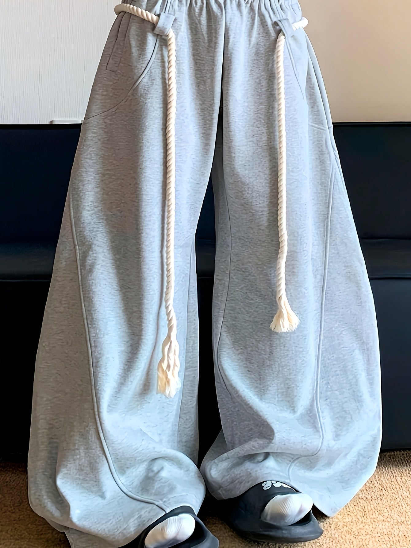 Men's Baggy Wide Leg Sweatpants with Drawstring Elastic Waist Casual Loose Fit Blend Track Pants with Pockets