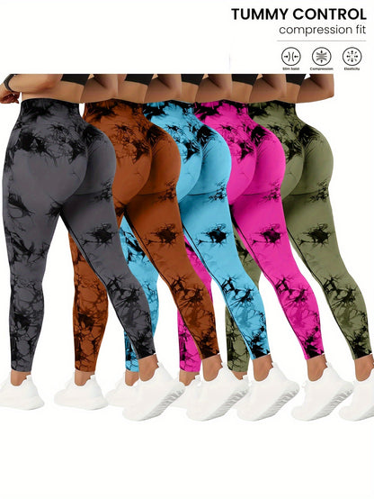Set of 5 High-Waisted Yoga Pants for Women with Tummy Control, Summer Tie-Dye Fitness Leggings, Stretchy Running Tights for Peach Lift Workouts, Available in Various Colors