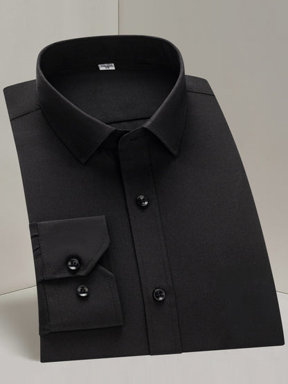 Men'S Long Sleeve Solid Color Business Dress Shirt, Elegant Collar, Stretch Fabric, Regular Fit, Single Button Front, Casual Outwear, Adult Sizes, Woven