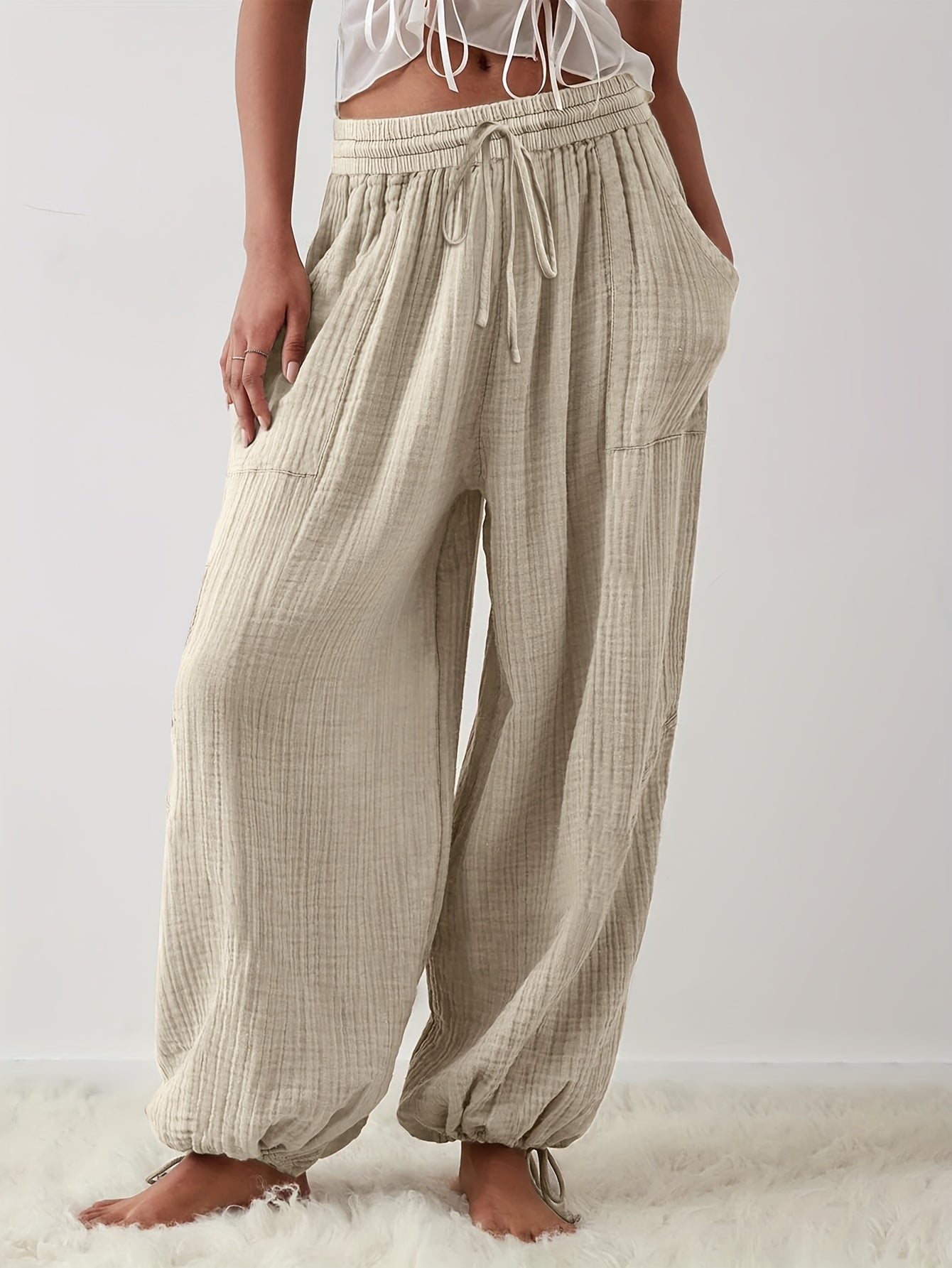 Autumn And Winter Women's Casual Pants, Khaki, Pockets, Wide Legs, Drawstring, Loose Fit, Everyday Commuting Wide-leg Pants.