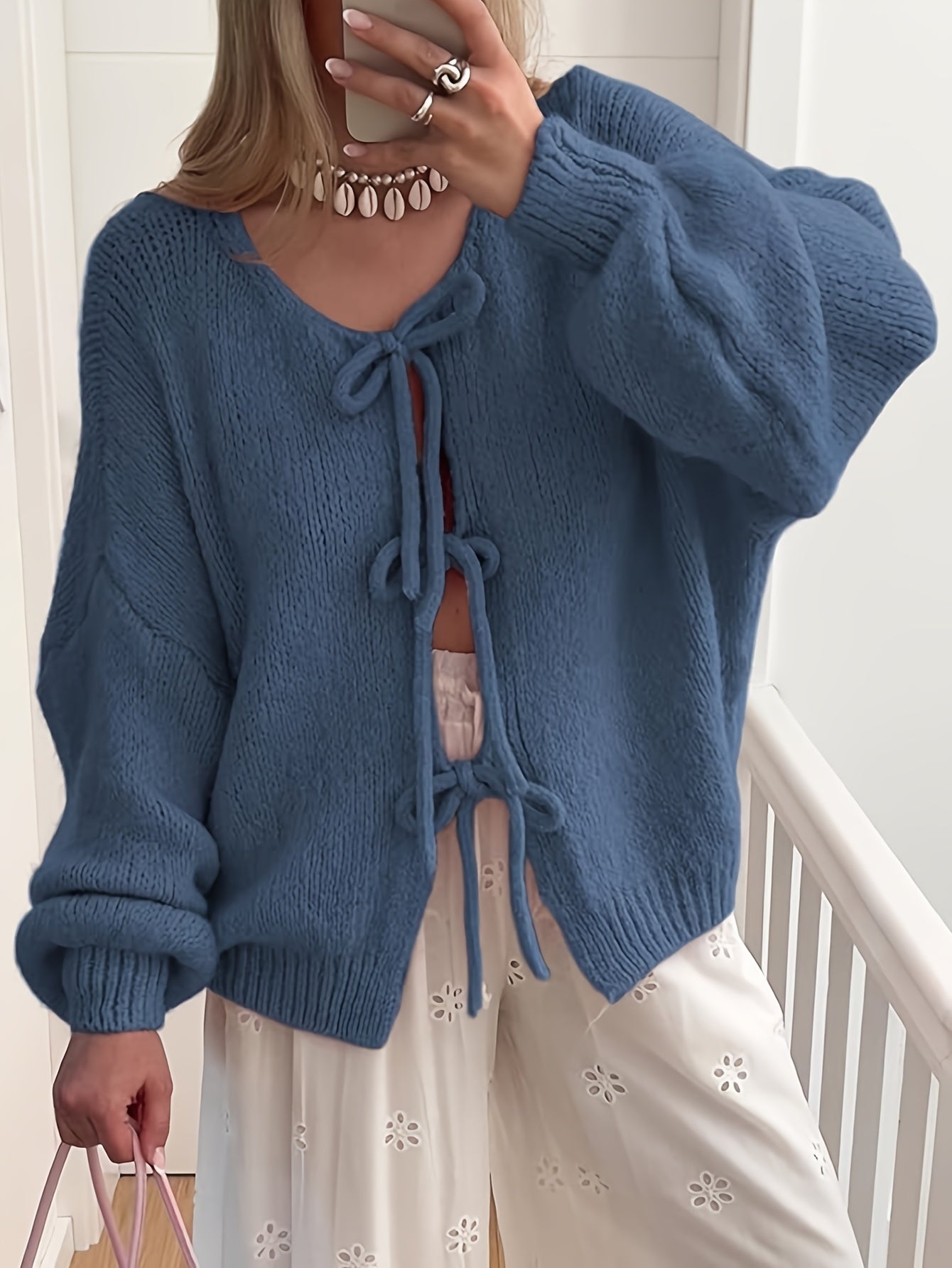Women'S Oversized Bowtie Sweater Cardigan with Y2K Vibe Long Sleeves V Neck Open Front Casual Wear