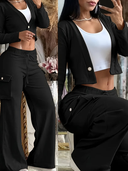 2pcs Set for Women, Trendy Green Cardigan And Camouflage Cargo Pants, Seasonal Fashion Set, V-Neck Button-Up Top, Belt-Waist, Elegant And Casual 21St-Century Style Spring And Winter Clothing, Vacation, New Year, Valentine'S Day Women'S Set