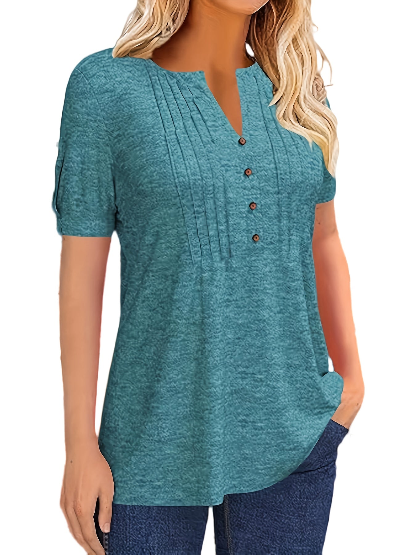 Casual Short-Sleeve T-Shirt for Women, Featuring a Pleated Design And V-Neck in Solid Colors, Perfect for Summer