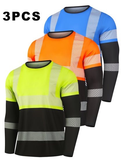 3pcs Men's 3D -Over Print Long-Sleeve T-Shirts - Lightweight Breathable Round-Neck Casual & Layering Shirts, Machine-Washable Durable Fabric Suitable for Outdoor Sports & Casual Attire - 3-Top Bundle
