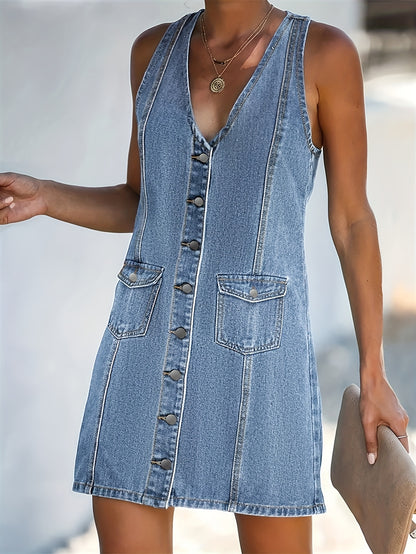 V-neck Single Breasted Flip Pocket Sleeveless Denim Dress